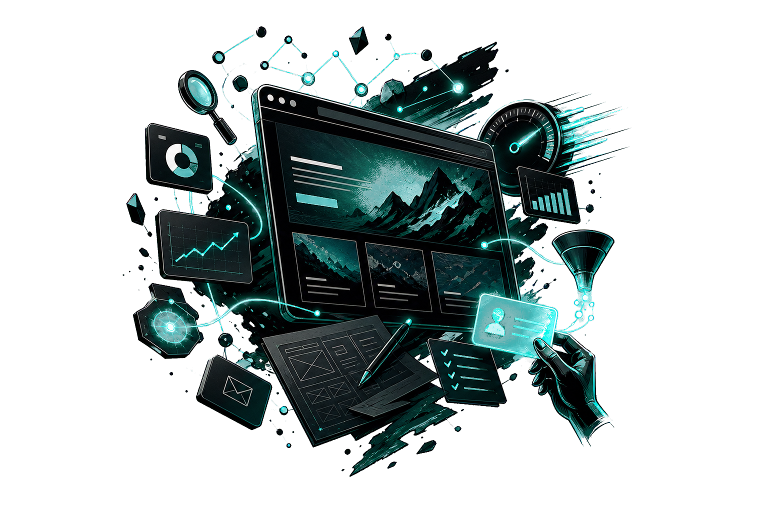 Graphic novel style floating website growth system with SEO, speed, and lead generation signals