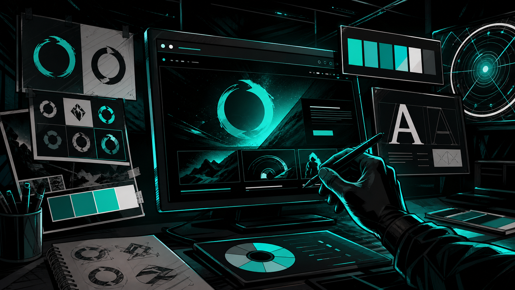 Graphic novel brand system interface with colour, type, and website identity elements