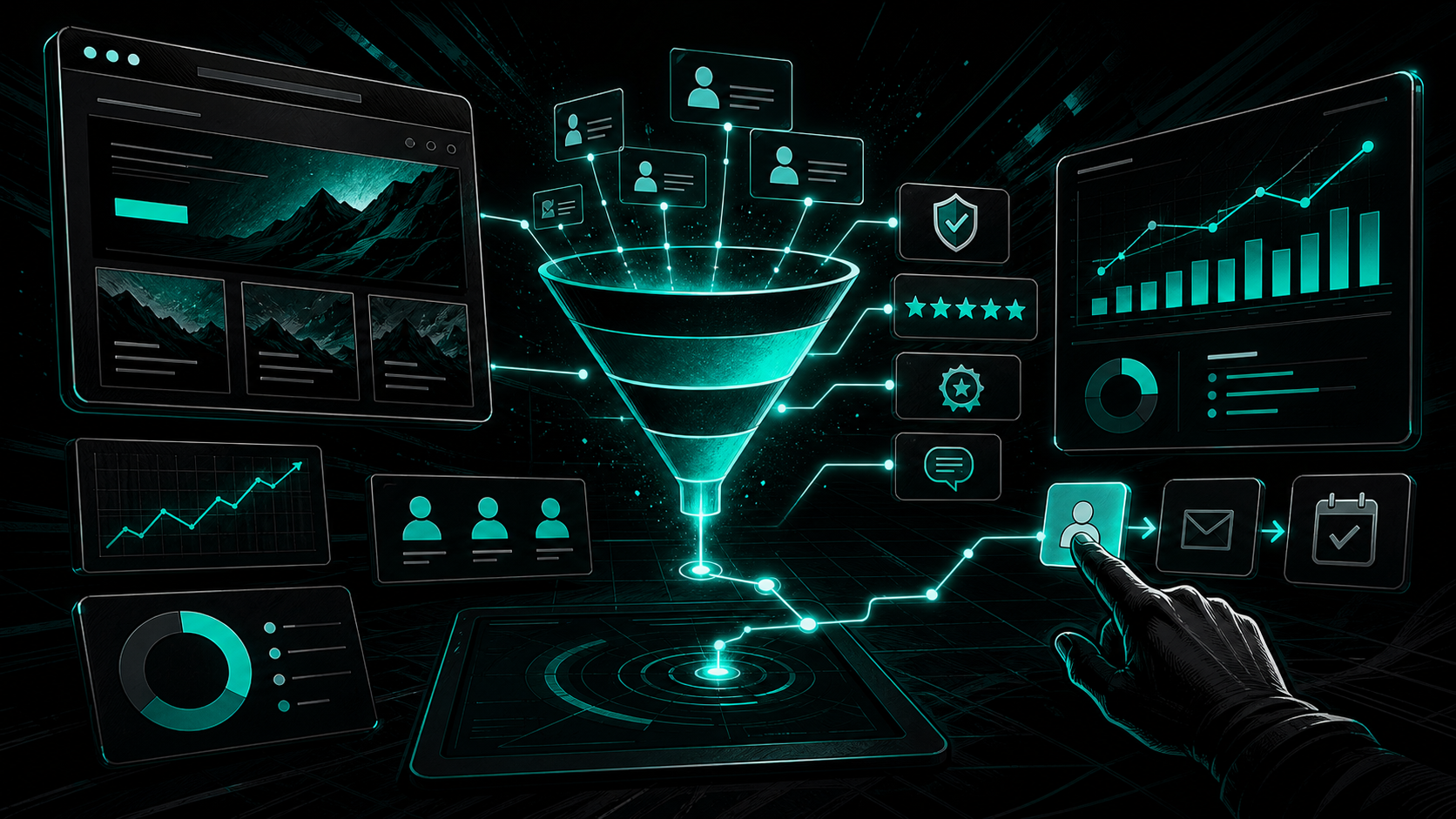 Graphic novel conversion strategy scene with funnel paths, lead cards, and analytics panels