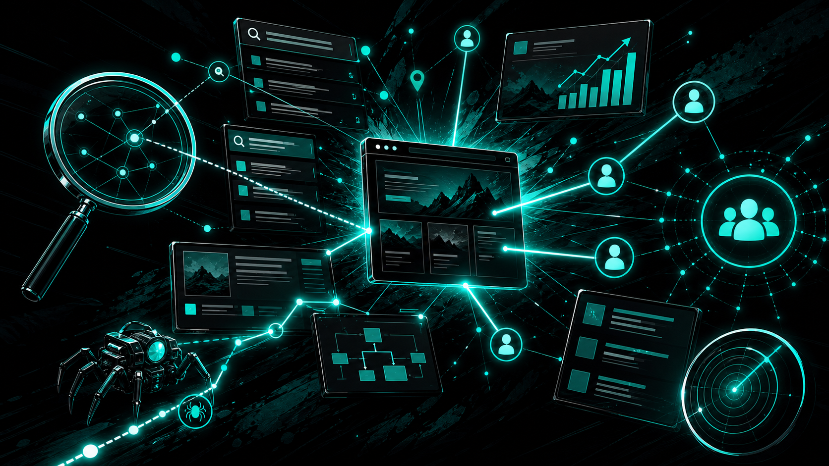 Graphic novel SEO signal network with search paths, content clusters, and audience nodes
