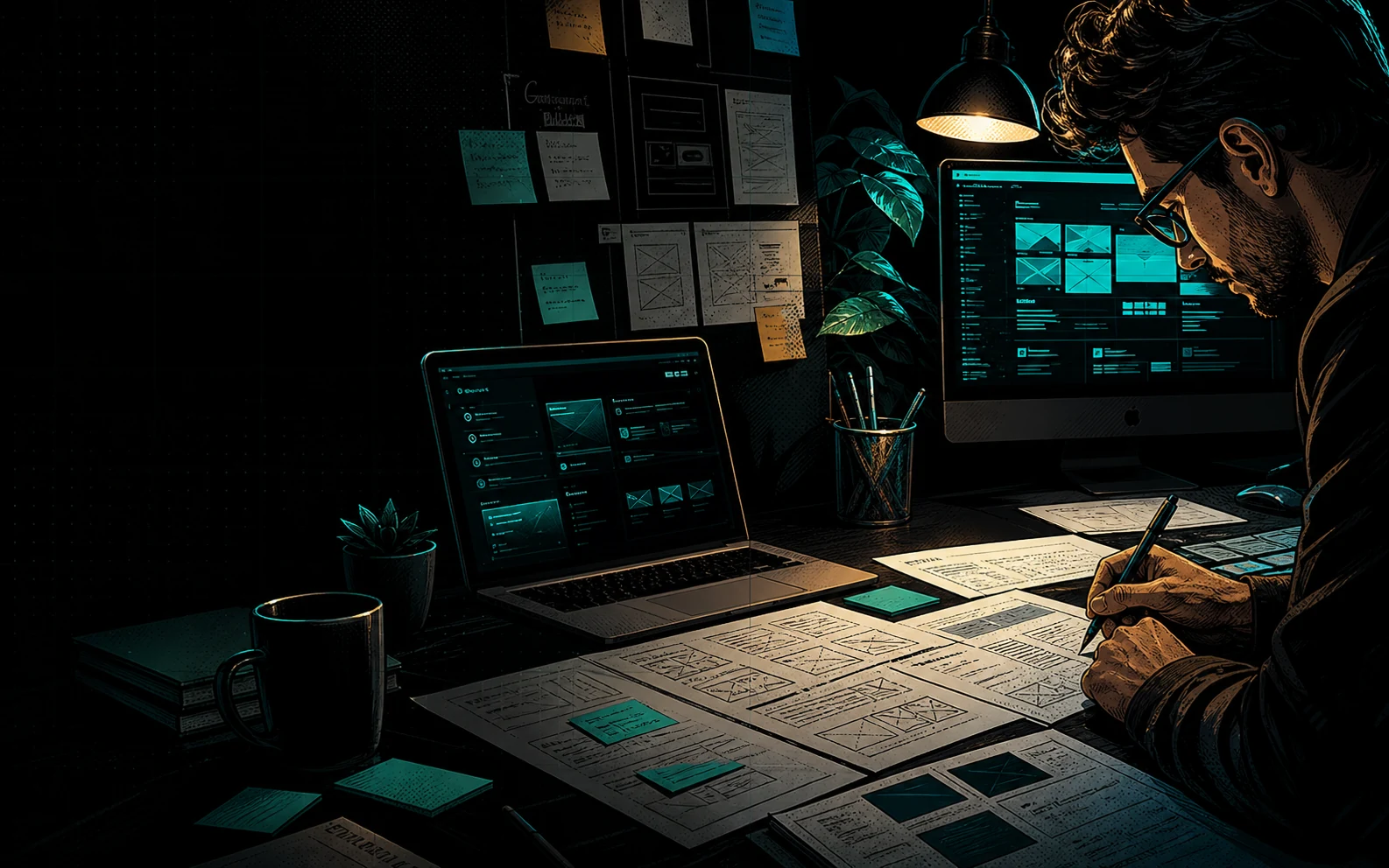 Creative strategy desk with website wireframes, notes, and digital mockups