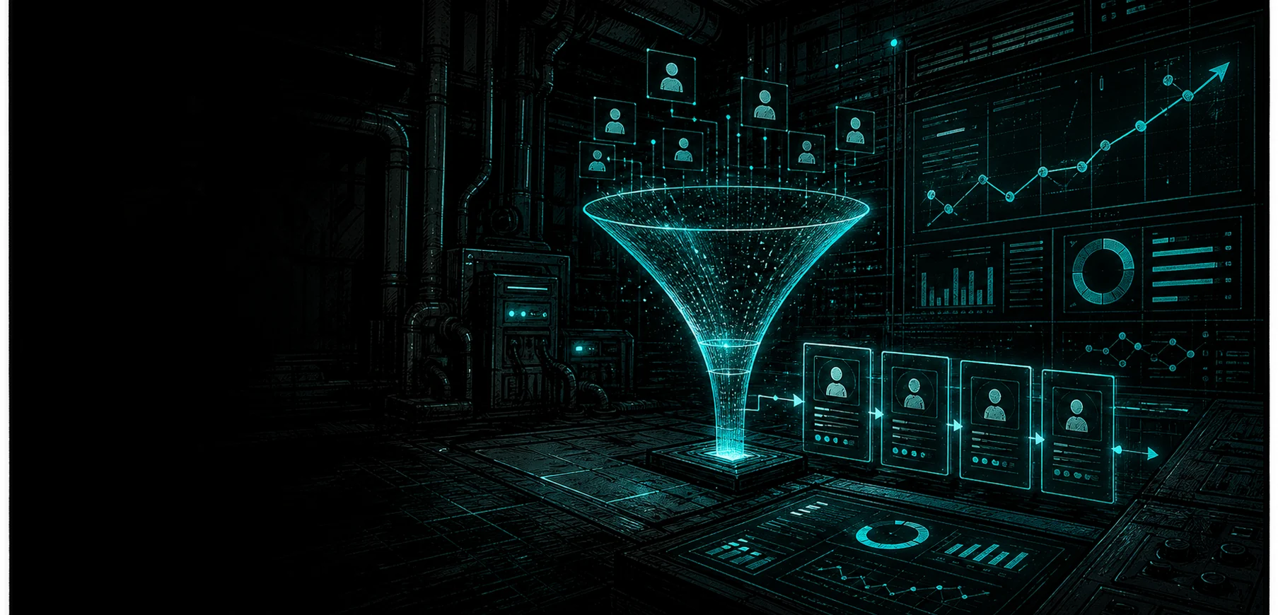 Graphic novel style conversion funnel feeding lead cards and analytics panels