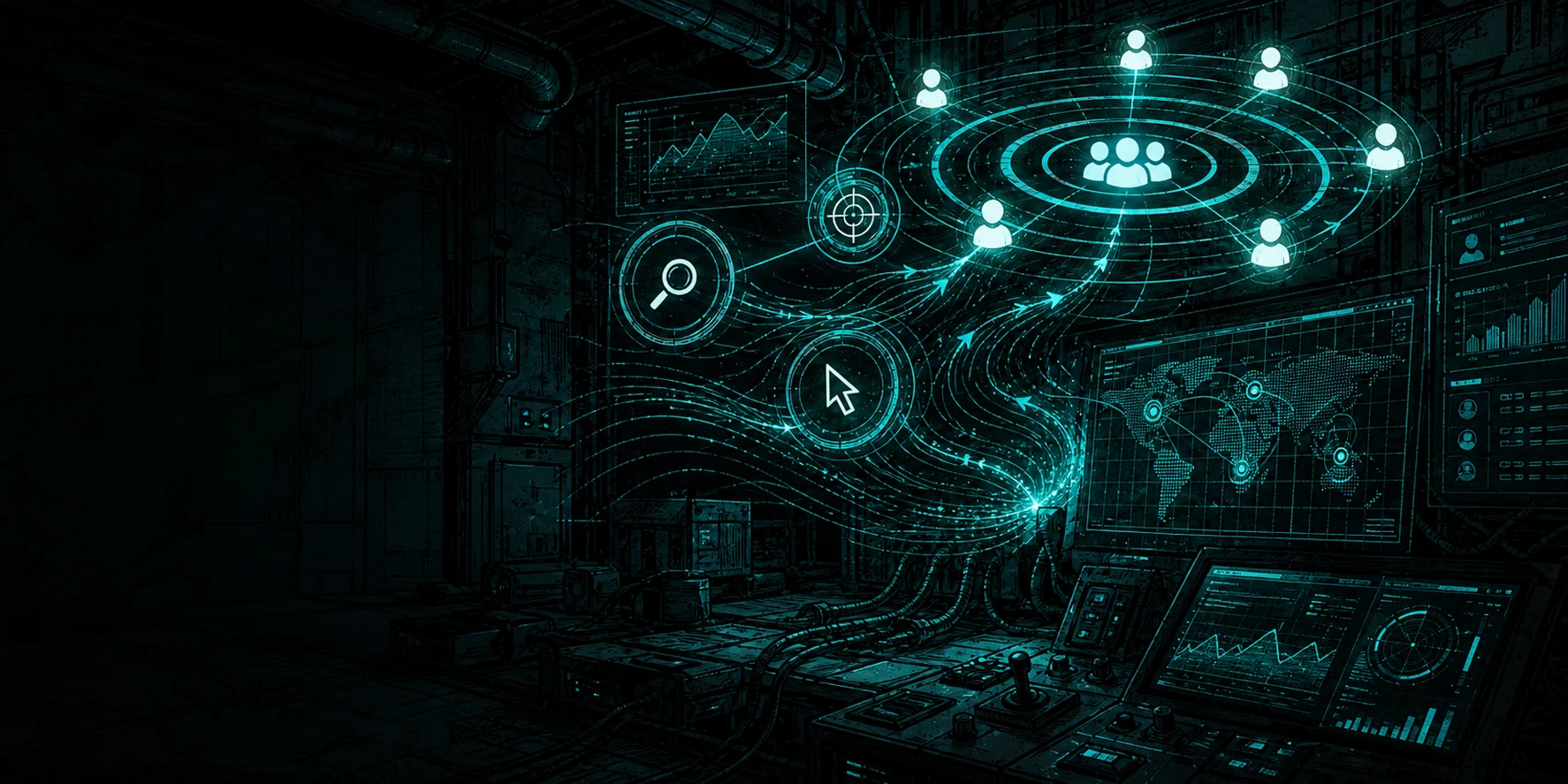 Graphic novel style campaign signal map with glowing teal audience nodes