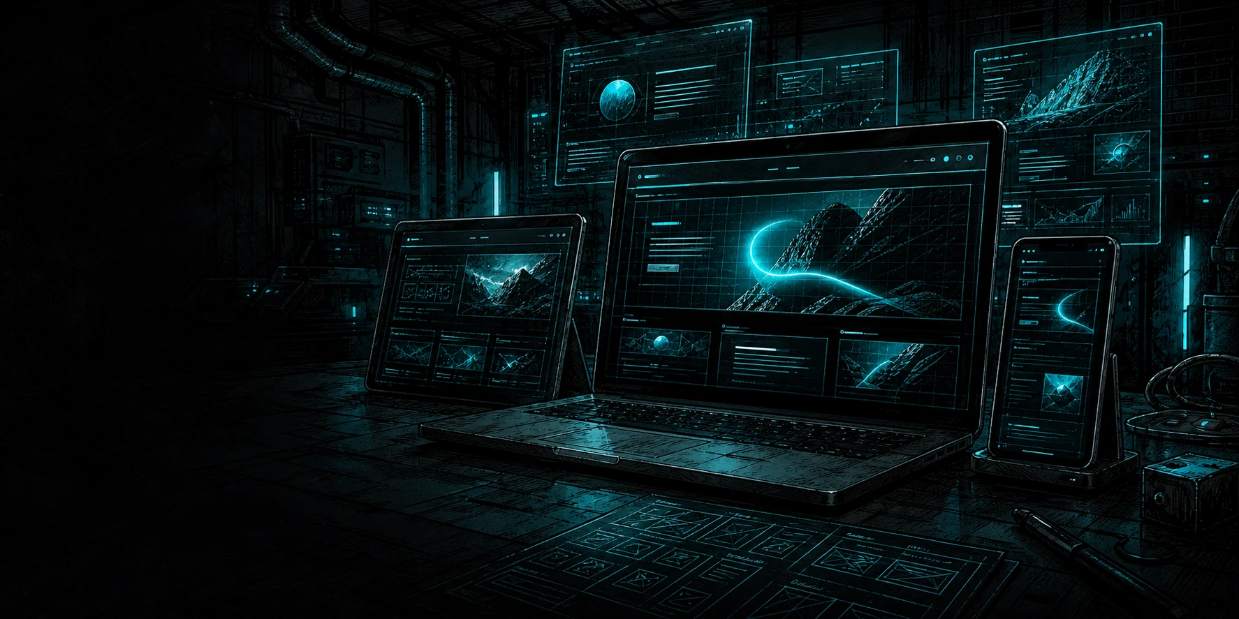 Graphic novel style website systems displayed on glowing teal devices