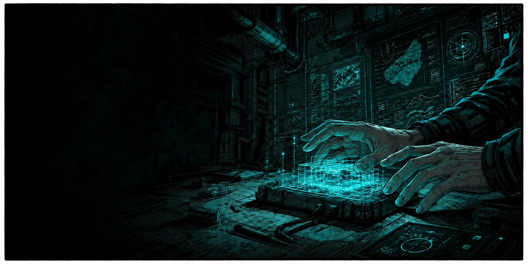 Graphic novel style command-centre scene with hands shaping a glowing website interface
